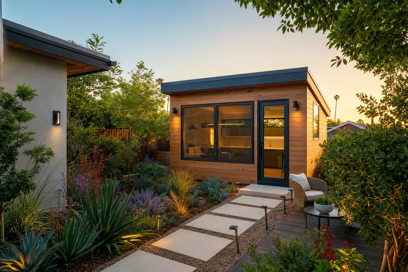 Modern backyard ADU in a landscaped California garden